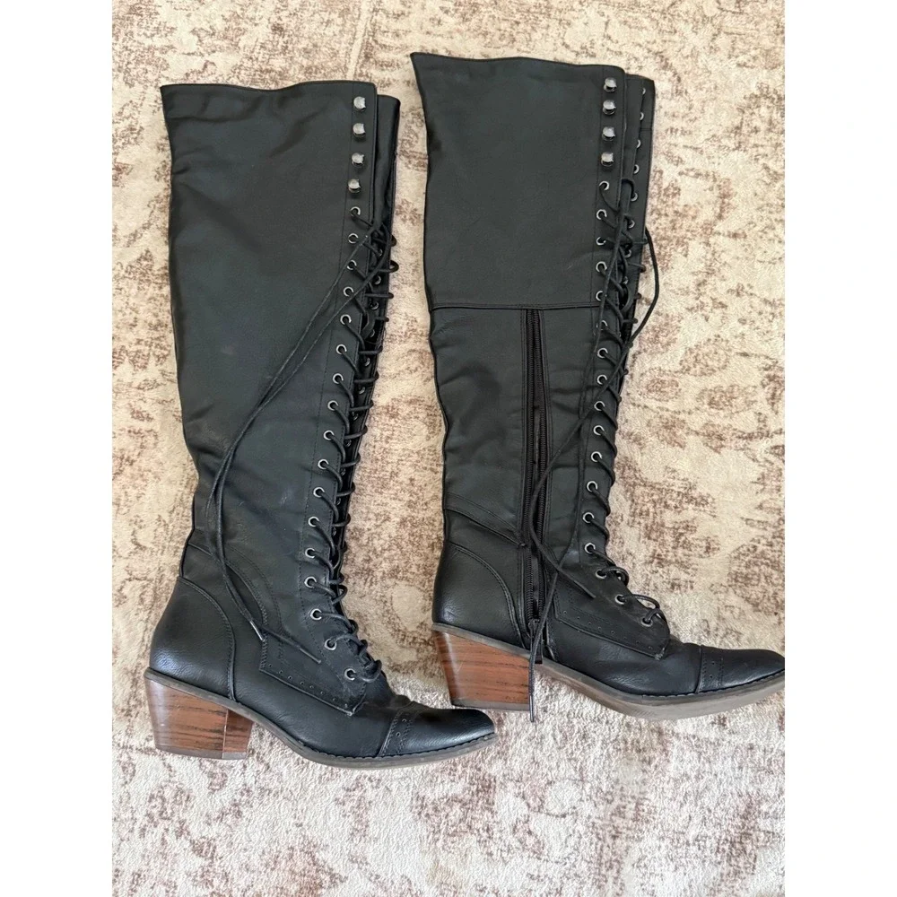 Journee Collection Black Lace Up Over The Knee Boots Womens 7.5 Y2K Steam Punk